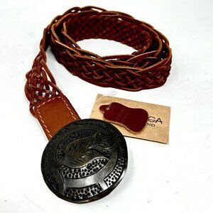 Vilenca Holland Womens Belt Brown Woven Leather Hook Flower‎ Buckle 42” x 1.25”